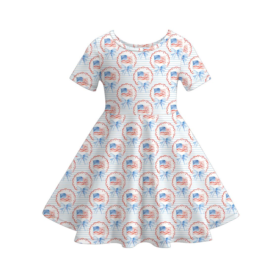 4th of July Girls Outfit – Patriotic USA Flag Bow Print Dress, Toddler Top & Shorts Set, Baby Bloomer Outfit