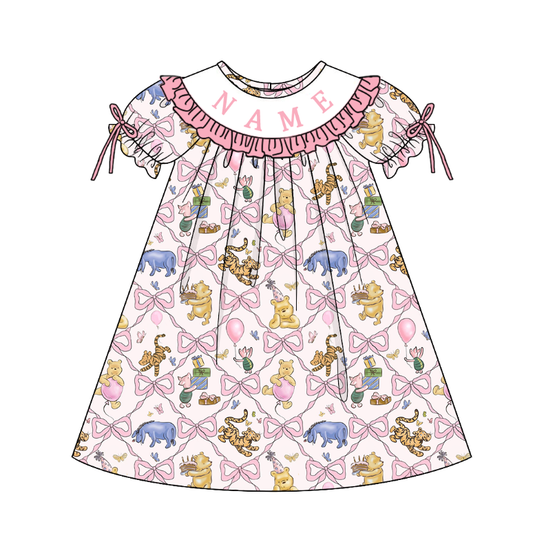 Personalized Smocked Baby Girl Dress & Bloomer Set – Custom Name Embroidery Animal Print Outfit