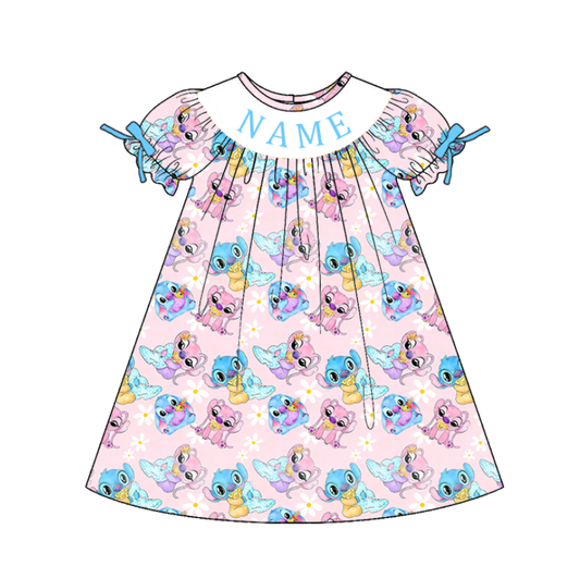 Girls Smocked Cartoon Outfit Set – Personalized Name Pink Dress, Romper & Blue Matching Sets