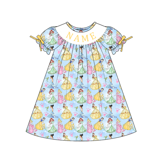 Personalized Girls Princess Smocked Outfit – Blue Cartoon Dress, Romper & Yellow 2-Piece Sets