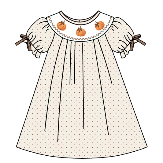 Girls Fall Pumpkin Smocked Embroidery Sibling Outfits – Thanksgiving Dress, Pants Set & Baby Romper