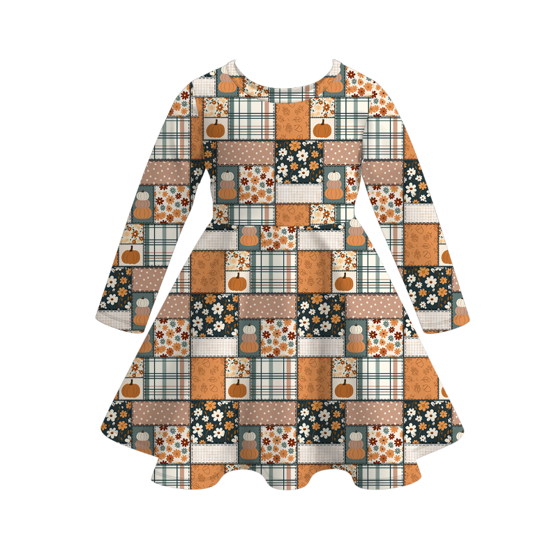 Fall Pumpkin Patchwork Twirl Dress & Ruffle Dress | Girls Boutique Long Sleeve Autumn Outfit | Halloween & Thanksgiving Collection