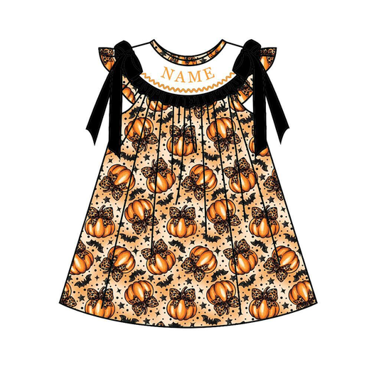 Personalized Halloween Sibling Matching Outfits – Smocked Pumpkin Dress, Romper & Boys Pant Set