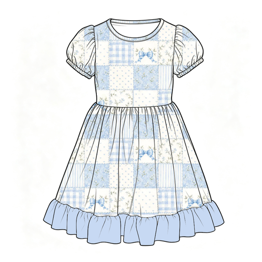 Christmas Blue & Pink Patchwork Family Matching Collection – Girls Dress, Romper, Skirt & Flare Pant Sets, Women’s Maxi Dress