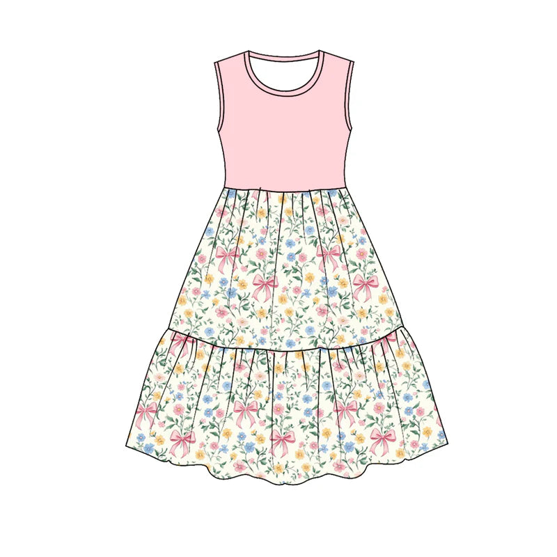 Ladies Pink Bow Floral Print Patchwork Dress