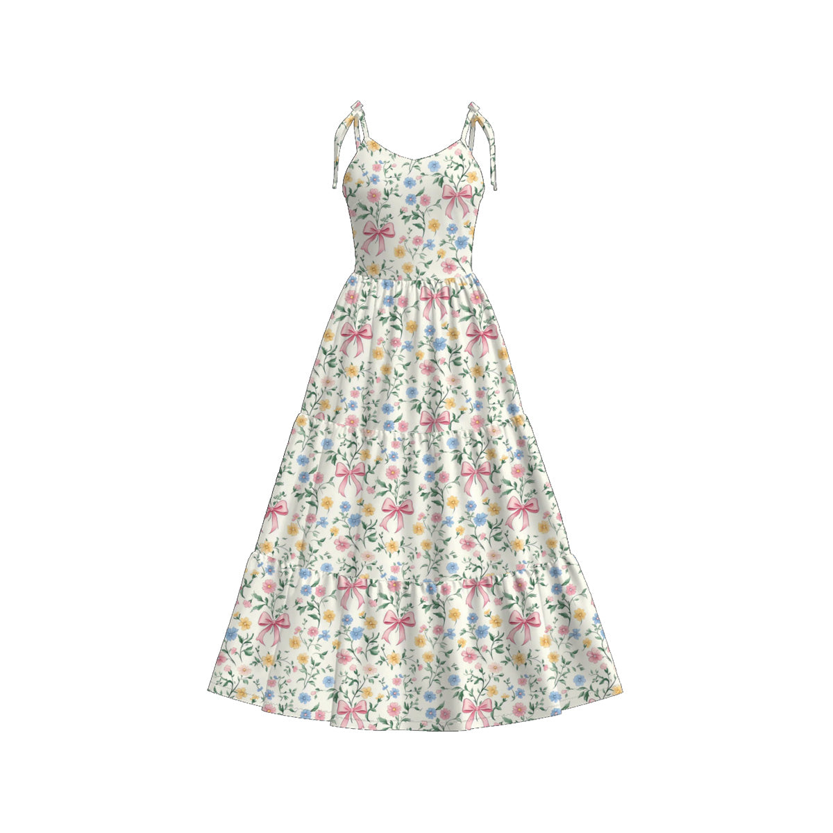 Mommy and Me Blue Bow Floral Print Summer Soft Maxi Dress