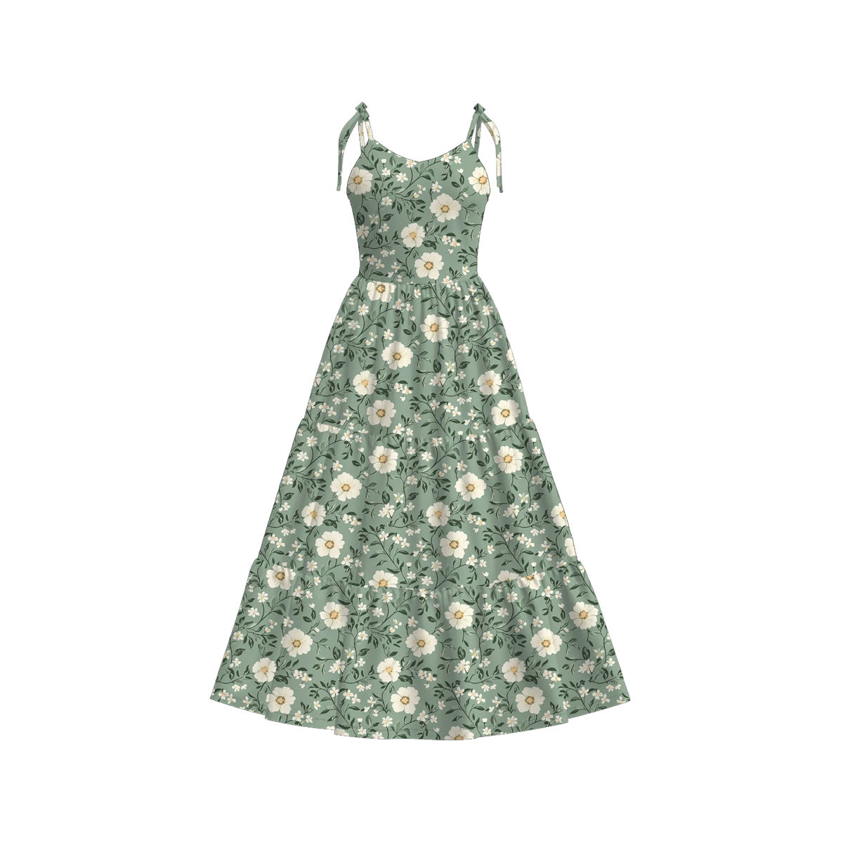 Mommy and Me Green Floral Print Summer Soft Maxi Dress