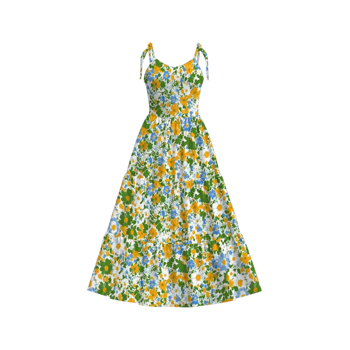 Mommy and Me Yellow Green Floral Print Summer Soft Maxi Dress