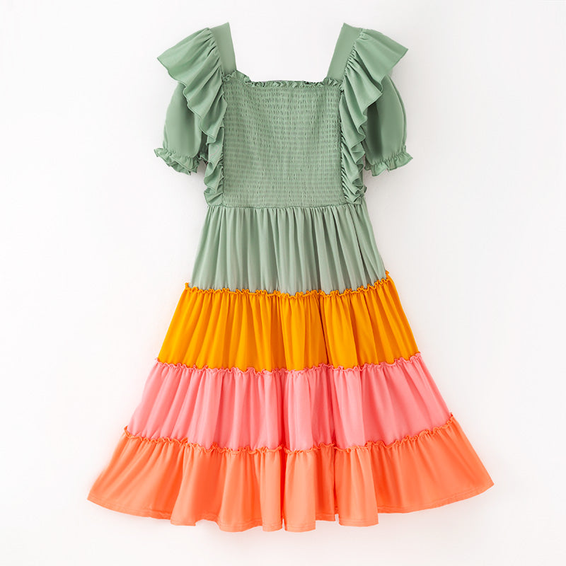 Mommy&Me Fall Autumn Orange Pink Green Smocked Maxi Dress