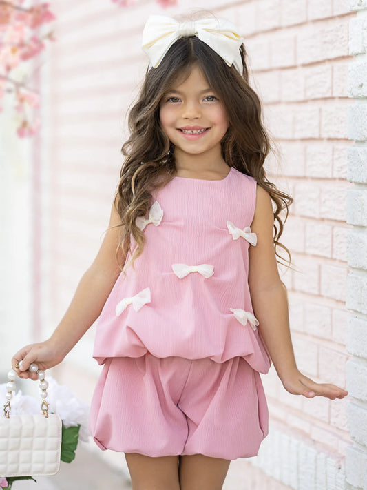 Girls Summer Pink Bow Fashion Cute Short Set