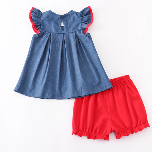 Girls Back To School Apple Applique Red Blue Short Set