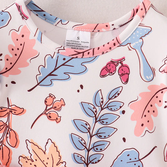 Fall Leaves Print Pink Tulle Long Sleeves Dress