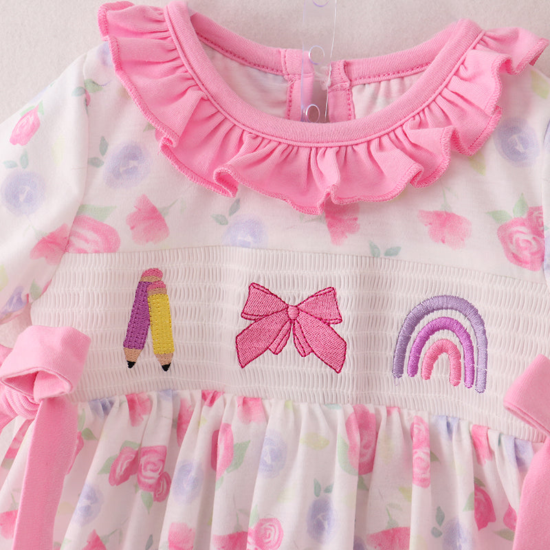 Girls Back To School Pencil Bow Rainbow Smocked Set