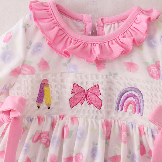 Girls Back To School Pencil Bow Rainbow Smocked Set