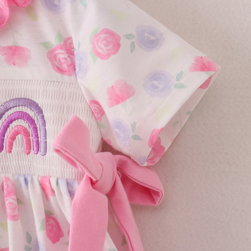 Girls Back To School Pencil Bow Rainbow Smocked Set