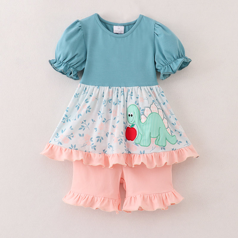 Girls Summer Back To School Dinosour Apple Applique Short Set