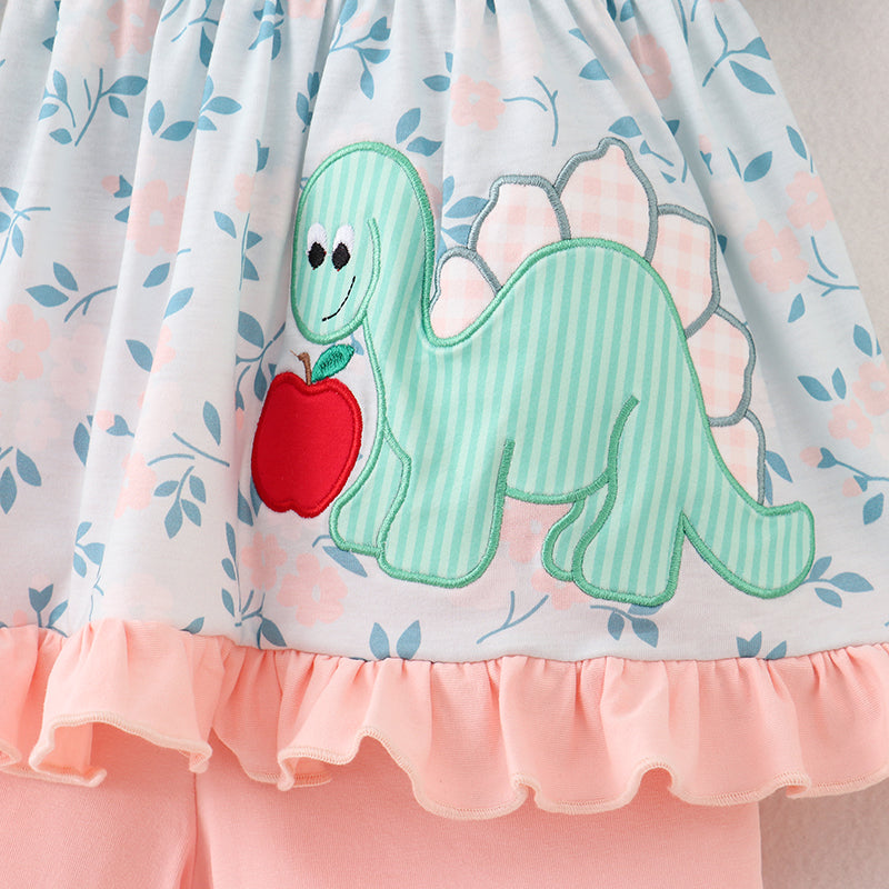 Girls Summer Back To School Dinosour Apple Applique Short Set