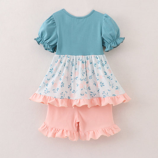 Girls Summer Back To School Dinosour Apple Applique Short Set