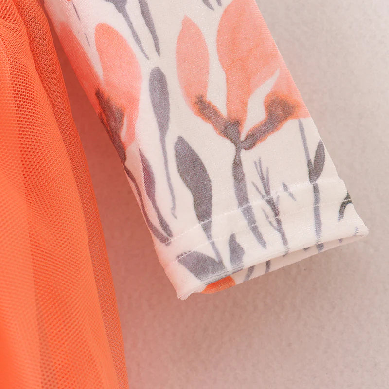 Fall Leaves Print Orange Tulle Dress For Girls