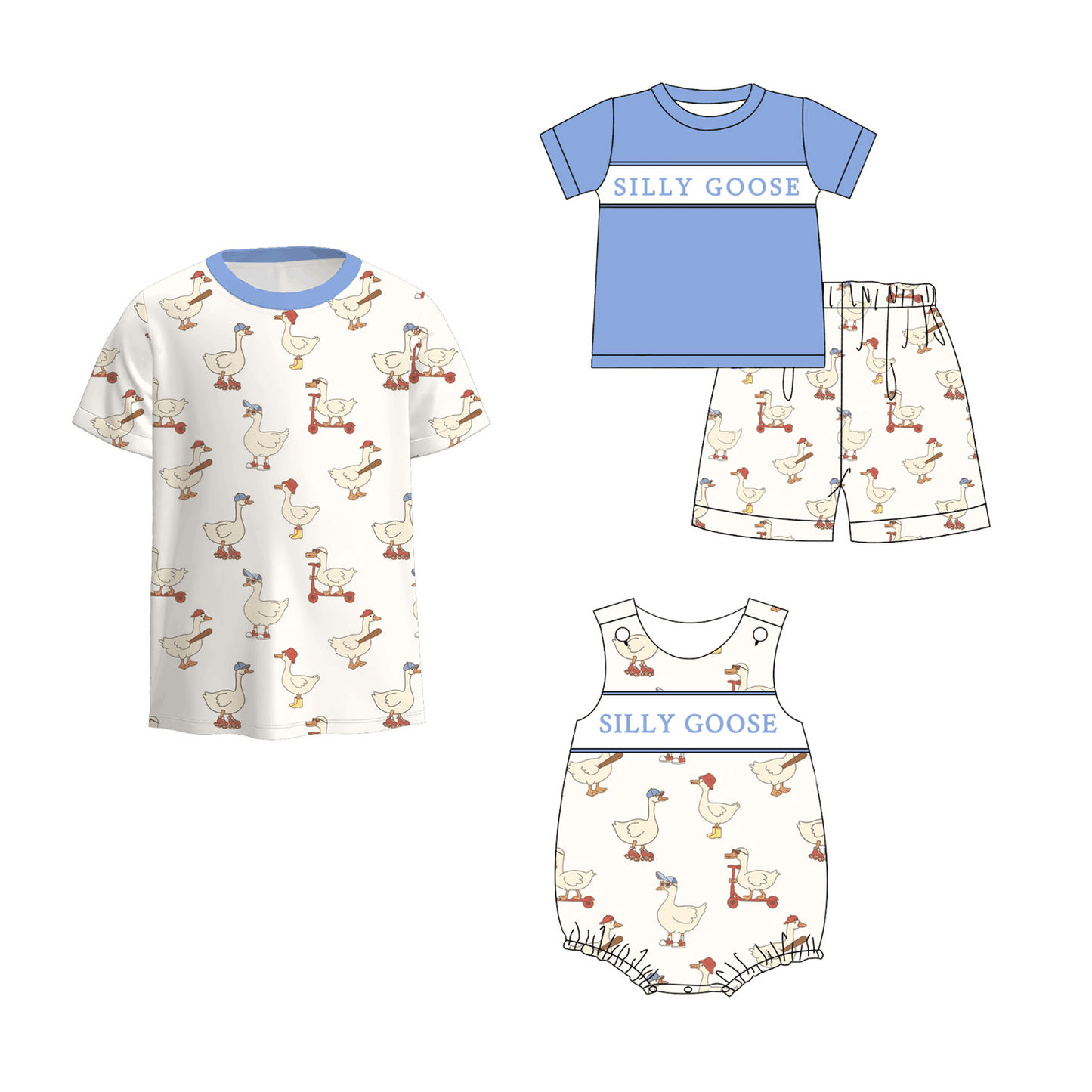 Boys Sibling Summer Silly Goose Embroidery Matching Clothes