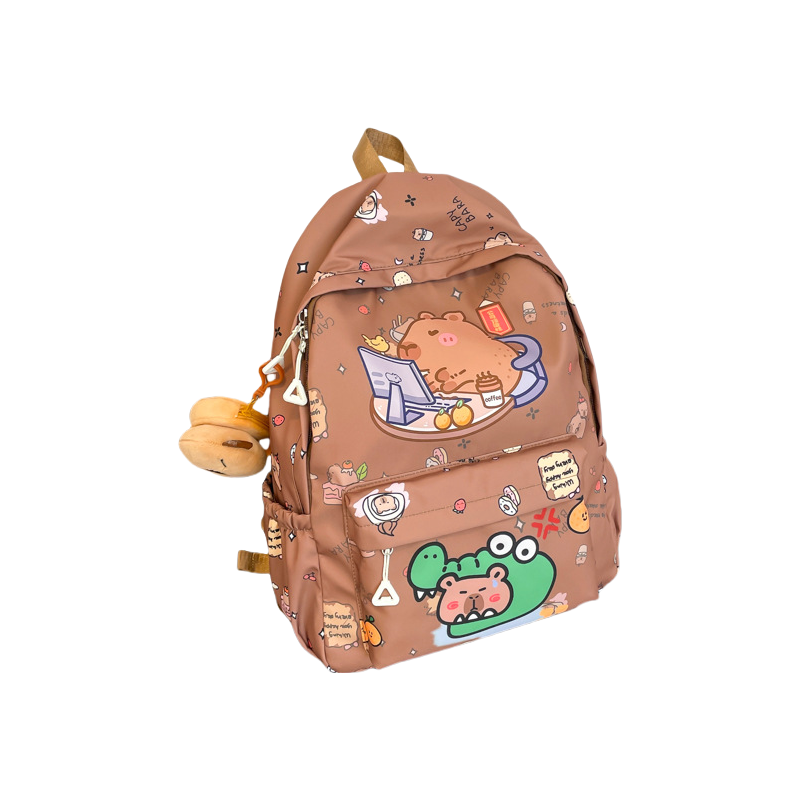 Capybara Print Trendy Print Large Backpack Back To School Bag With Plush Keychain