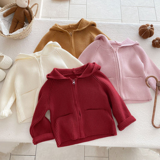 Girls’ Solid Color Hooded Knit Zip-Up Cardigan Fall Winter Warm Raglan Sweater Toddlers & Kids