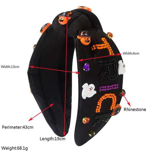 Halloween Fall Pumpkin Treat Skull Headband Seed Beads Rhinestones Pearl Knot