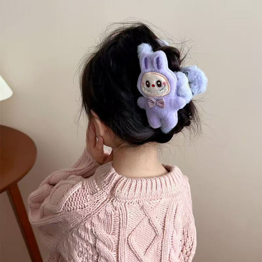 Fall Winter Cute Labubu Cartoon Plush Hair Claw Clip – Fluffy Back-of-Head Barrette