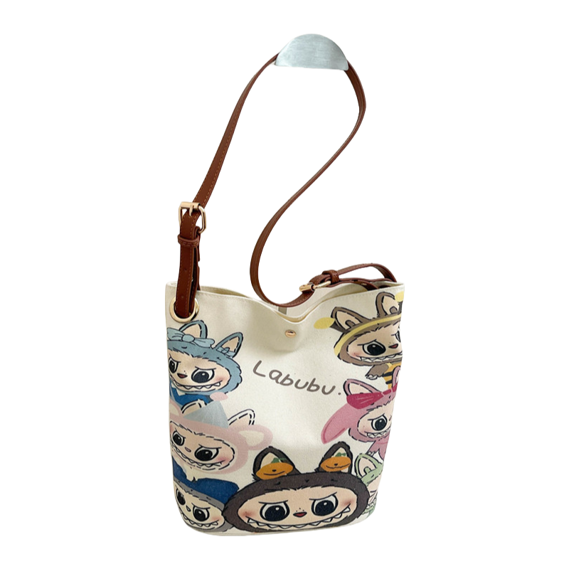 Cartoon Labubu Canvas Bucket Bag Painted Crossbody & Shoulder Tote