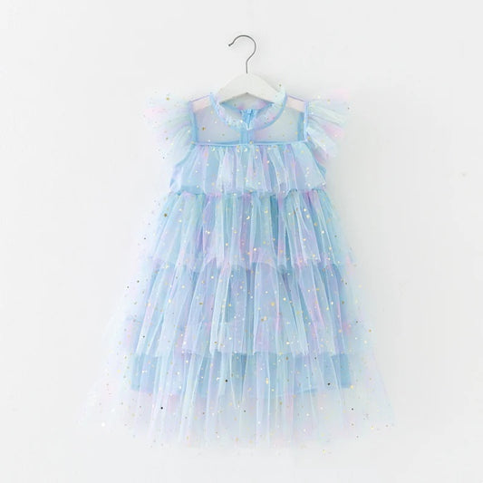 Girl's Rainbow Star Sequined Tulle Puff Sleeve Party Dress