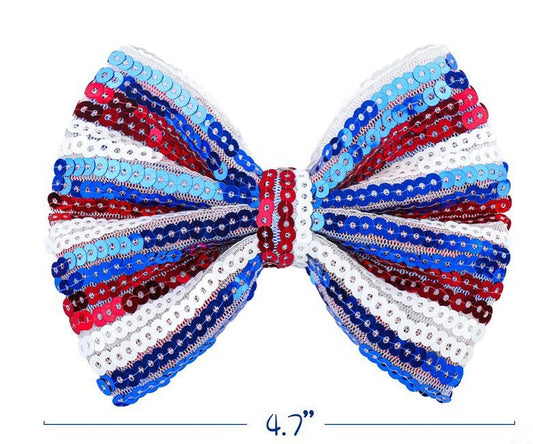 Glitter Bow Hair Clip USA Patriotic Red Blue Stripe Celebration