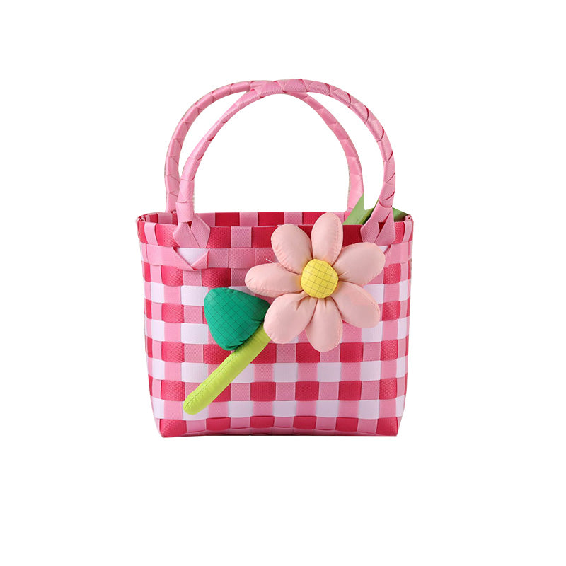 Kids' Woven Summer Colorful Checkered Flower Basket Bag