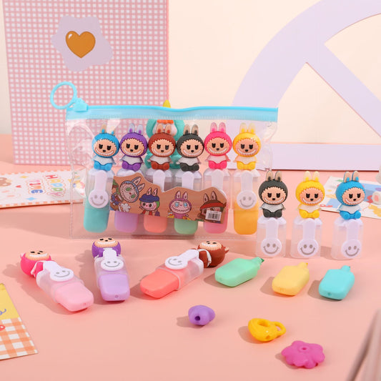 Labubu 6-Pack Cartoon Smiley Mini Highlighters Student Drawing & Highlight Marker Set