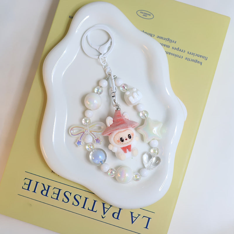Flocked Labubu Keychain – Cute Character Bag Charm Pendant with Chain