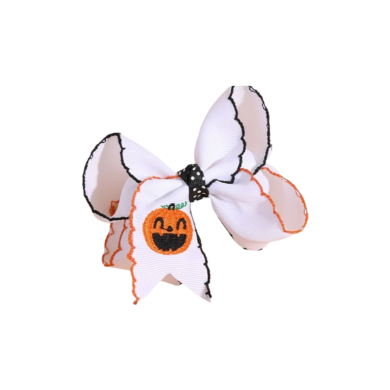 Halloween Embroidered Hair Bows Pumpkin & Spider Ribbon Clips with Scalloped Edges