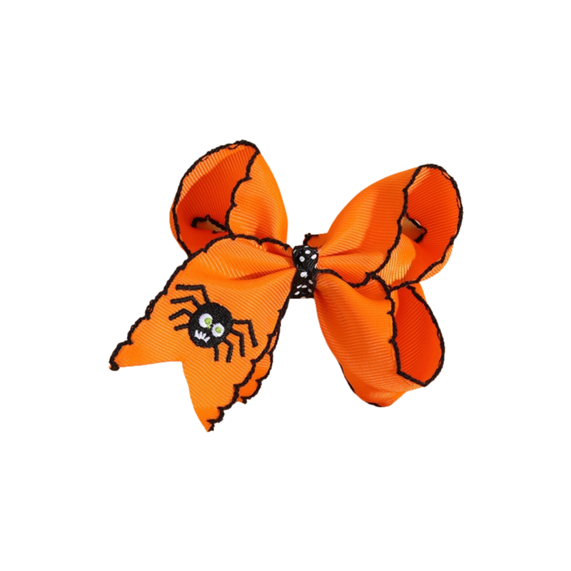 Halloween Embroidered Hair Bows Pumpkin & Spider Ribbon Clips with Scalloped Edges
