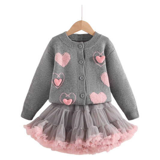 Girls Fall Winter Outfit Grey Knit Cardigan with Pink Heart-shape & Buttons Tutu Skirt Set