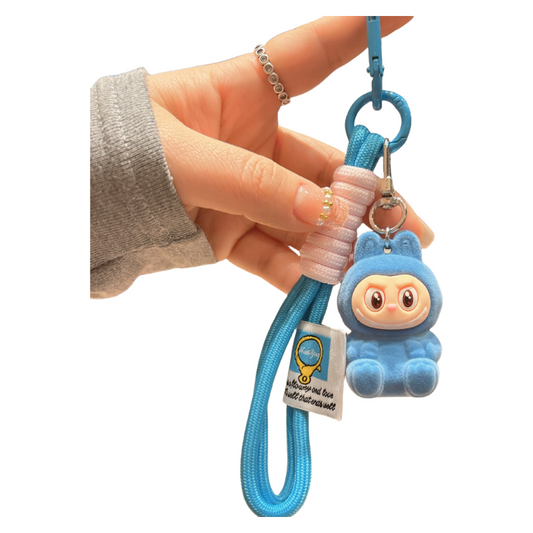 Flocked Labubu Resin Keychain with Cute Strap Plush Bag Charm Accessory
