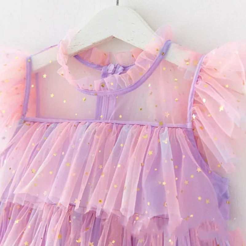 Girl's Rainbow Star Sequined Tulle Puff Sleeve Party Dress