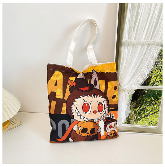Labubu Large Canvas Tote Bag Halloween Pumpkin Print & Fall/Winter Cartoon Print Spacious Shoulder Handbag