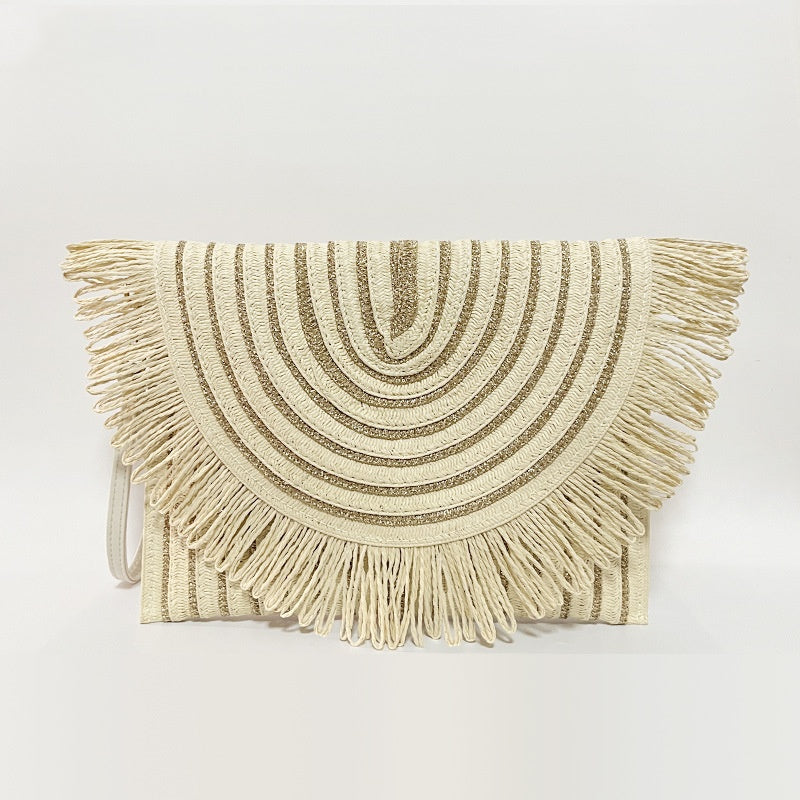 Woven Straw Clutch Bag with Fringe Envelope Handbag