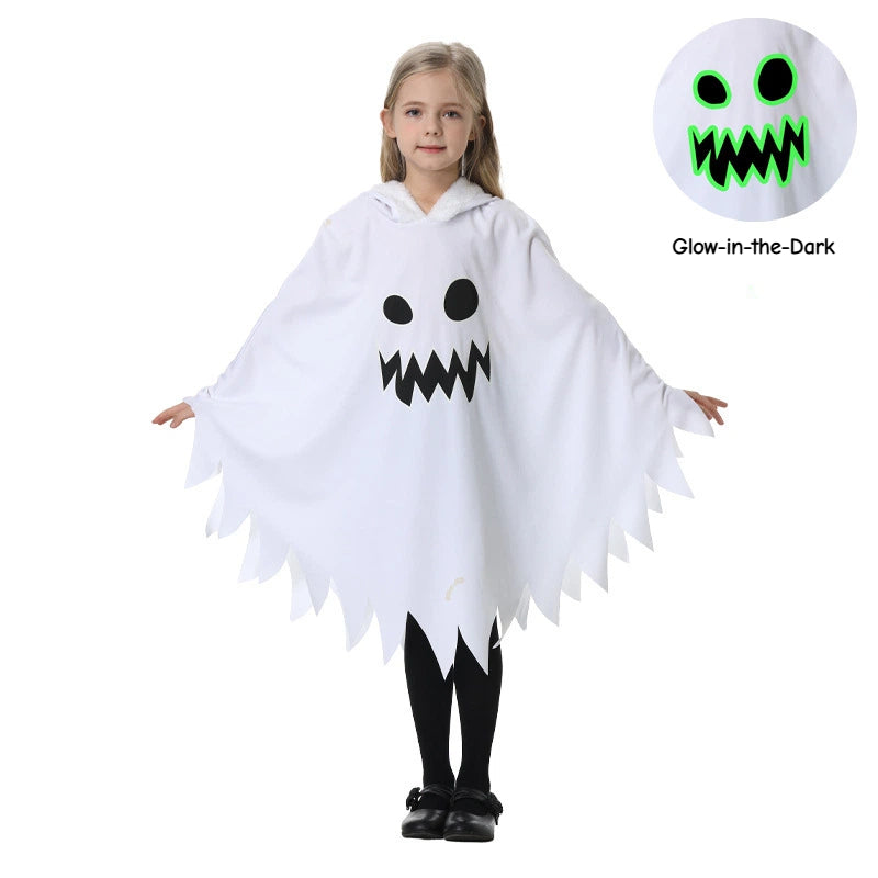 Kids Glow in the Dark Ghost Costume Halloween White and Black Cape with Light-Up Face