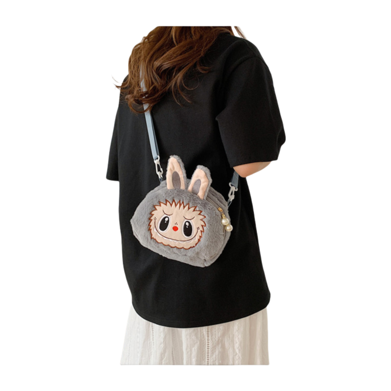 Kids Girls Labubu Soft Character Plush Crossbody Bag Faux Pearls Zipper Pull