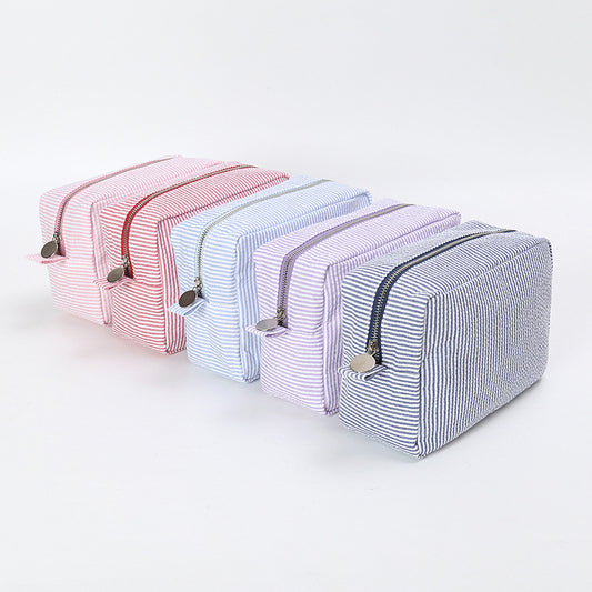Seersucker Striped Makeup Pouch Travel Toiletry Bag