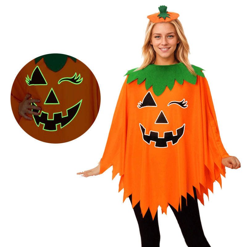 Glow-in-the-Dark Pumpkin Cape & Hat Set Halloween Costume for Adults & Kids