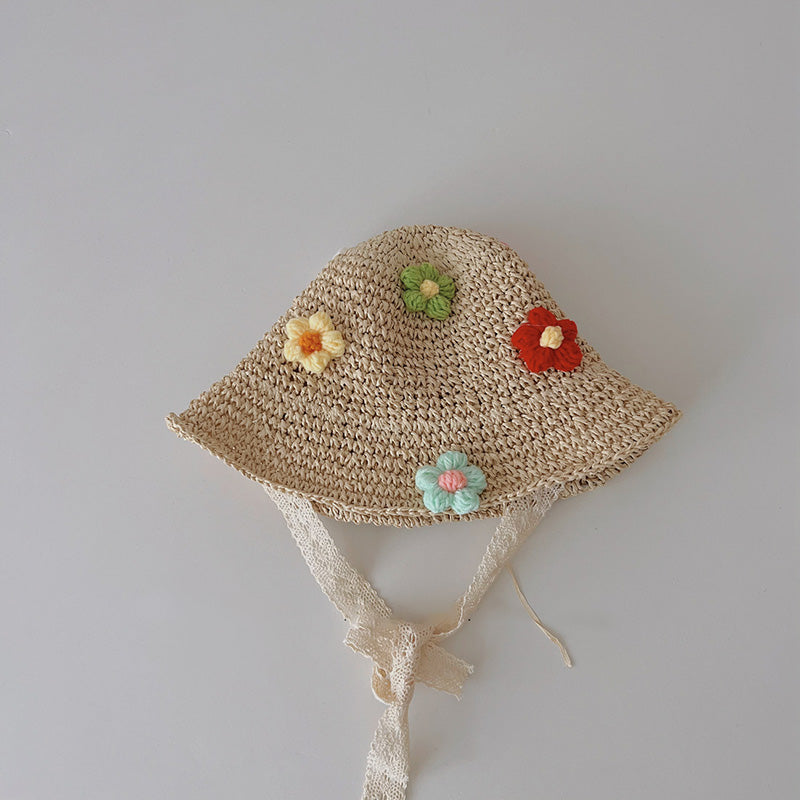 Floral Kids Lace Tie Sun Hat Summer Beach Fisherman Cap