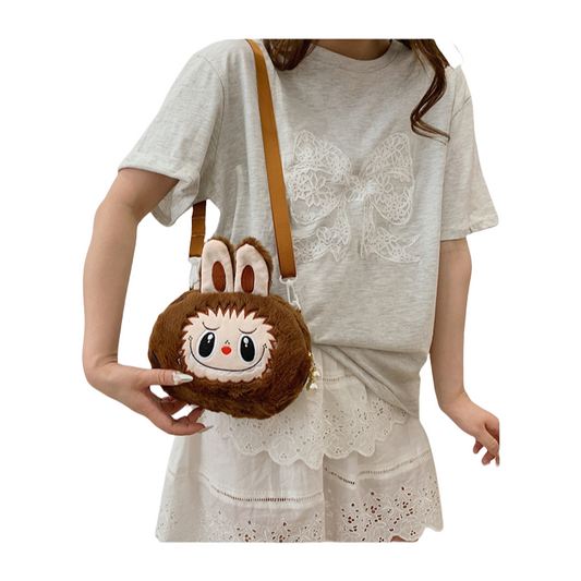 Kids Girls Labubu Soft Character Plush Crossbody Bag Faux Pearls Zipper Pull