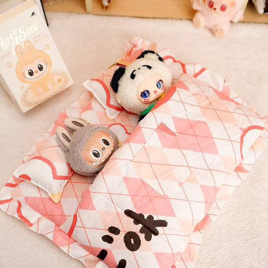 17cm Labubu Doll Double Sleeping Bag Set Mini Quilt & Pillow