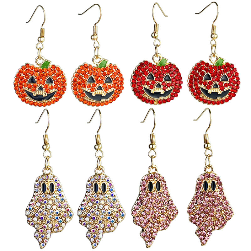 Halloween Pumpkin Ghost Rhinestone Drop Earrings – Sparkling Multicolor Crystal Metal Dangles