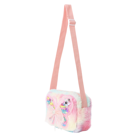 Girls' Plush Crossbody Bag Tie-Dye with Sequin Butterfly Design